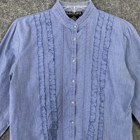 Adolfo Chambray Blue Button-up Shirt Women Size M Ruffles Crystal Buttons - Picture 2 of 14